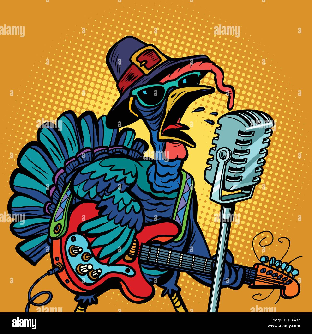 Thanksgiving Turkey character singer. Holiday party. Comic cartoon pop art retro vector illustration Stock Vector