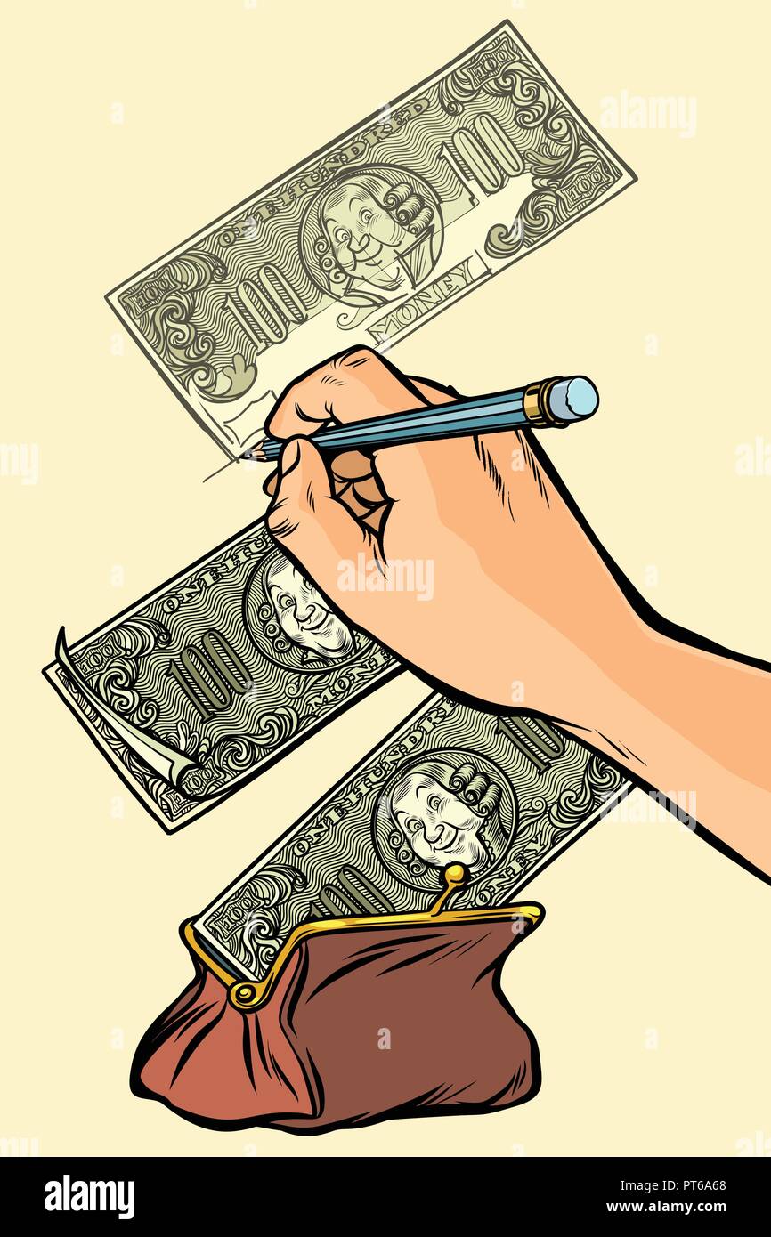 Counterfeiter draws money dollars. Money falls into the purse. Comic cartoon pop art retro vector illustration drawing Stock Vector