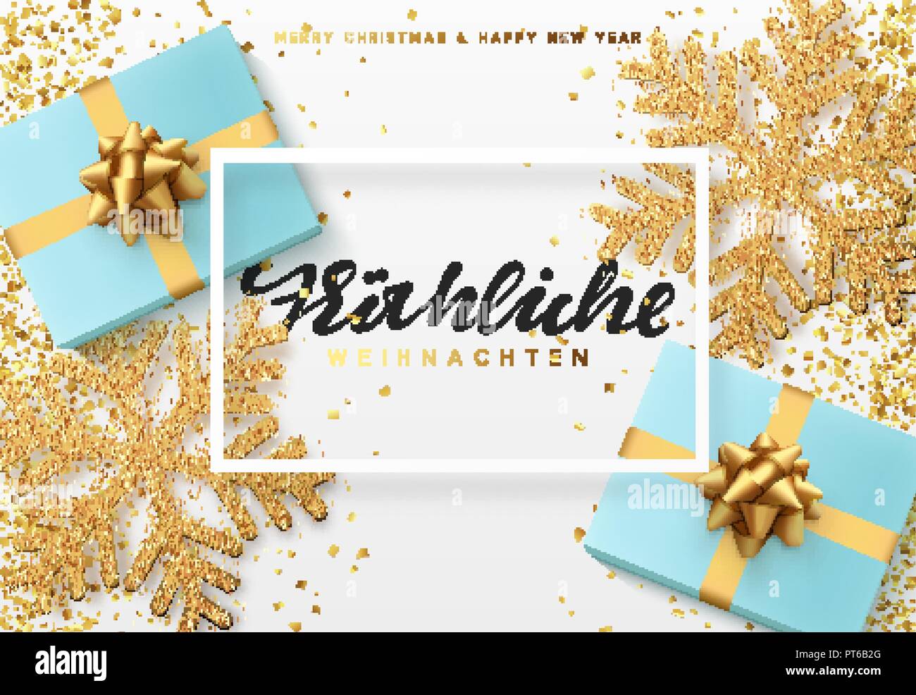 Christmas background with gifts and shining golden snowflakes. German text Frohliche Weihnachten. Stock Vector