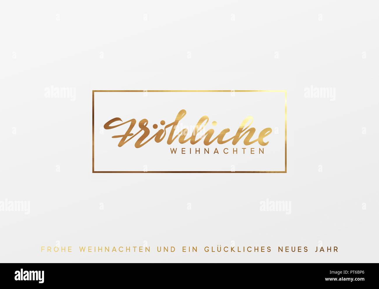 German text Frohliche Weihnachten. Merry Christmas gold lettering in a frame background. Stock Vector