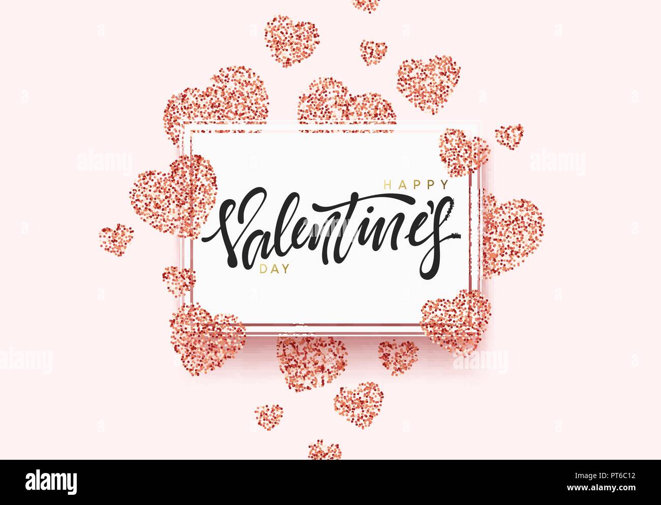 Happy Valentines Day lettering greeting card on red bright heart background. Festive banner and poster. Stock Vector