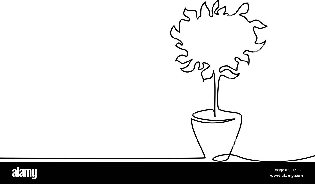 Continuous one line drawing. Small house tree in pot. Vector illustration Stock Vector
