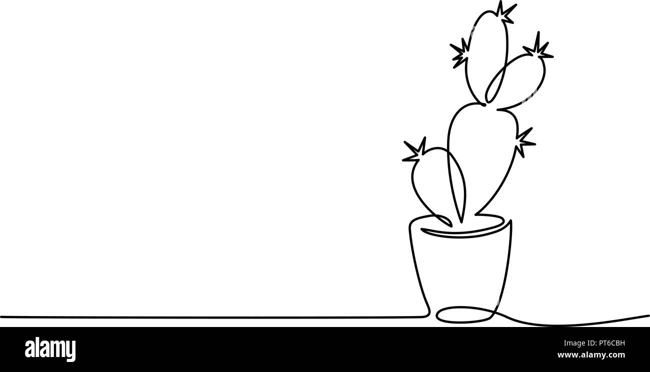 Continuous one line drawing. House cactus in pot. Vector illustration Stock Vector