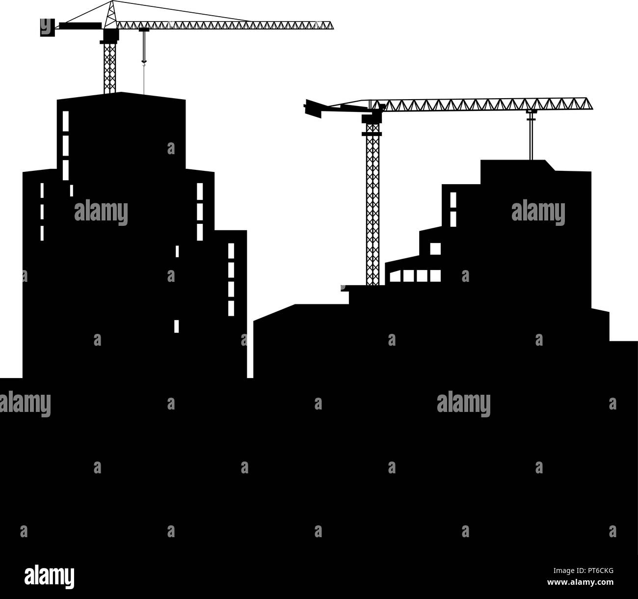 Vector illustration, black silhouettes of buildings and cranes isolated on white background. Tower crane builds a tall house. Place under the text. Stock Vector