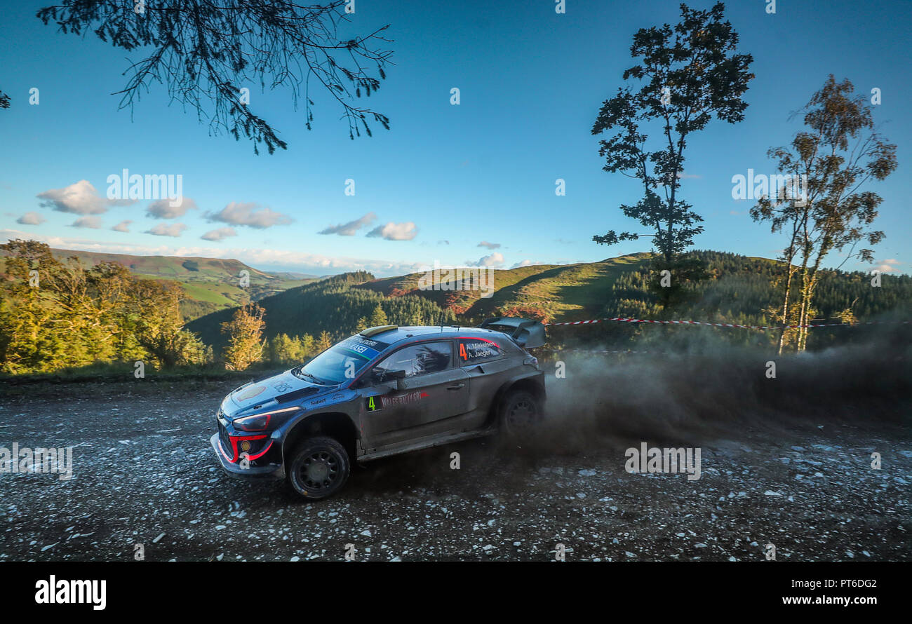Hyundai's Andreas Mikkelsen on the Dyfi stage during day three of the DayInsure Wales Rally GB. PRESS ASSOCIATION Photo. Picture date: Saturday October 6, 2018. See PA story AUTO Rally. Photo credit should read: David Davies/PA Wire. RESTRICTIONS: Editorial use only. Commercial use with prior consent from teams. Stock Photo