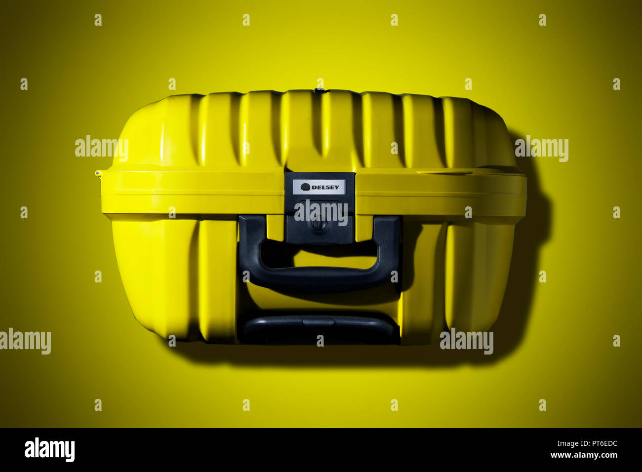 Yellow Delsey Luggage Bag, Lock, Handle Stock Photo