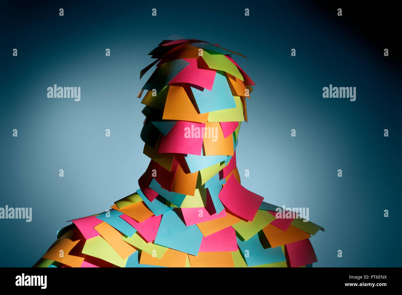 Overwhelmed Man Covered in Colored Post It Sticky Notes Red Orange Blue Green Yellow Concept Stock Photo