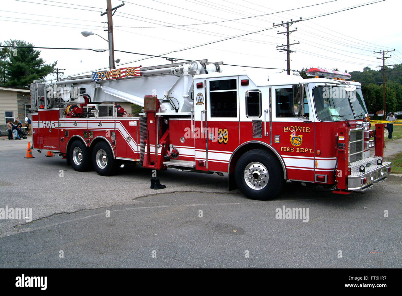 A tower fire truck in Bowie, Md Stock Photo