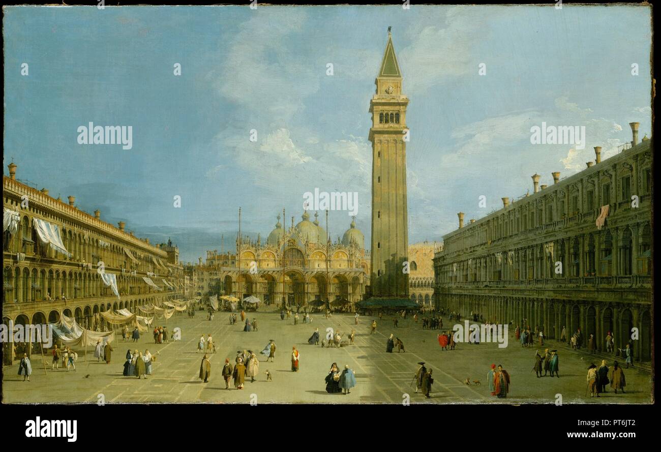 Piazza San Marco. Artist: Canaletto (Giovanni Antonio Canal) (Italian, Venice 1697-1768 Venice). Dimensions: 27 x 44 1/4 in. (68.6 x 112.4 cm). Date: late 1720s.  The most celebrated view painter of eighteenth-century Venice, Canaletto was particularly popular with British visitors to the city. This wonderfully fresh and well-preserved canvas shows Piazza San Marco. The windows of the bell tower are fewer in number than in actuality, and the flagstaffs are too tall, but otherwise Canaletto took few liberties with the topography. Museum: Metropolitan Museum of Art, New York, USA. Stock Photo