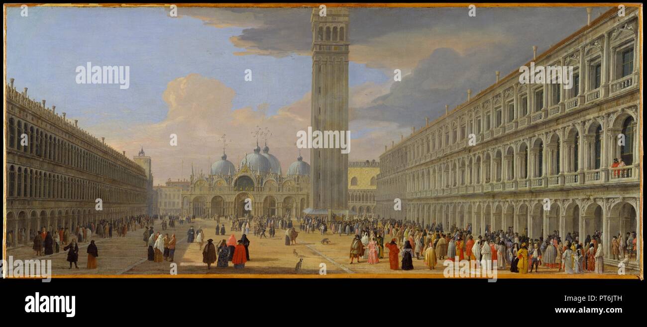 Piazza San Marco, Venice. Artist: Luca Carlevaris (Italian, Udine 1663/65-1730 Venice). Dimensions: 19 7/8 x 47 1/4 in. (50.5 x 120 cm). Date: ca. 1709.  Populating the Piazza with energetic Venetians, Carlevaris gives this rendering of the Piazza San Marco a lively cast. The Square is framed by the Procuratie Vecchie on the left, and the Procuratie Nuove on the right. The basilica of San Marco and Torre dell'Orologio rise in the distance. Carlevaris is known to have carefully studied his figures prior to laying them in on canvas, and while no such studies exist for the laborers and gondoliers Stock Photo