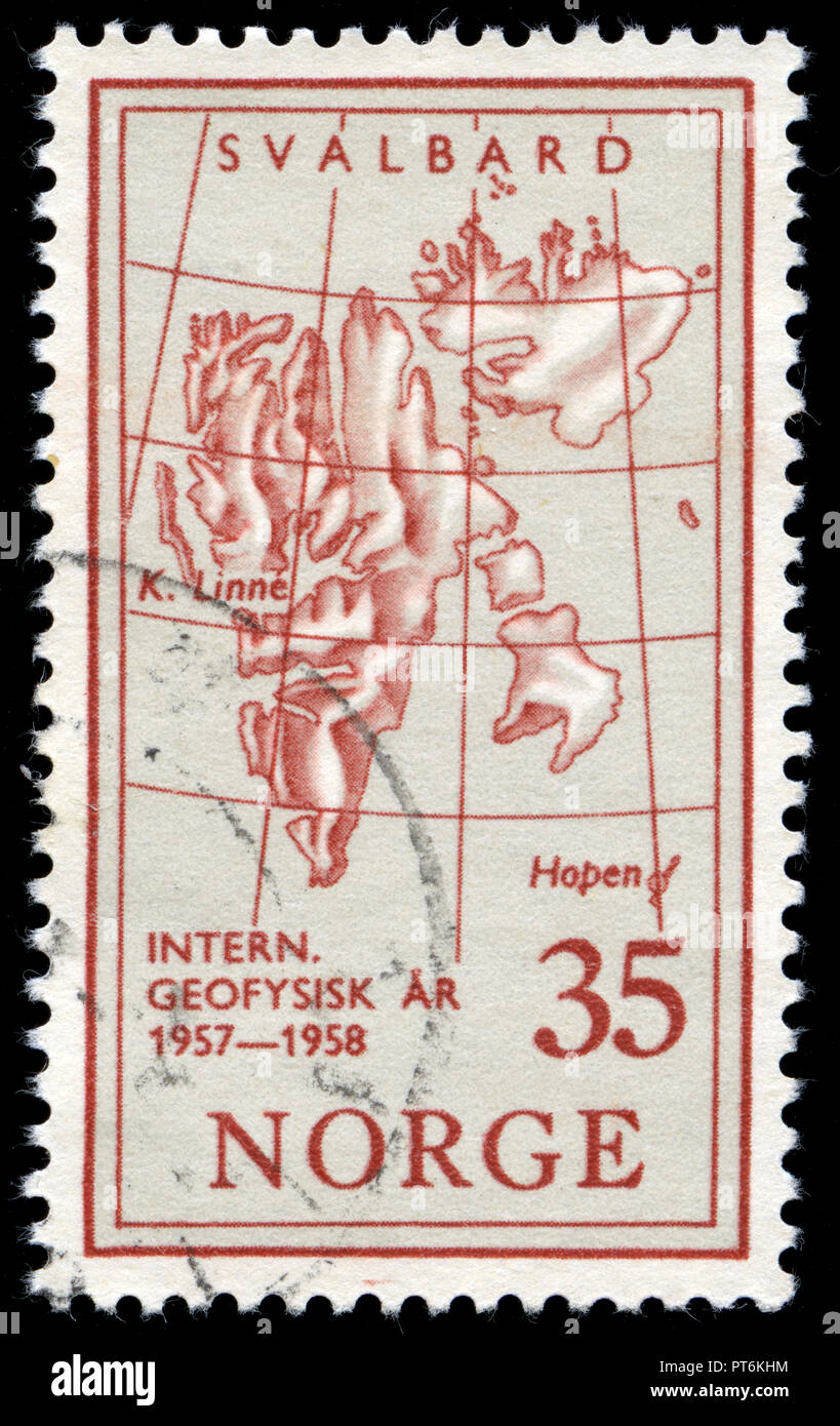 Postmarked stamp from Norway issued in 1957 in the International