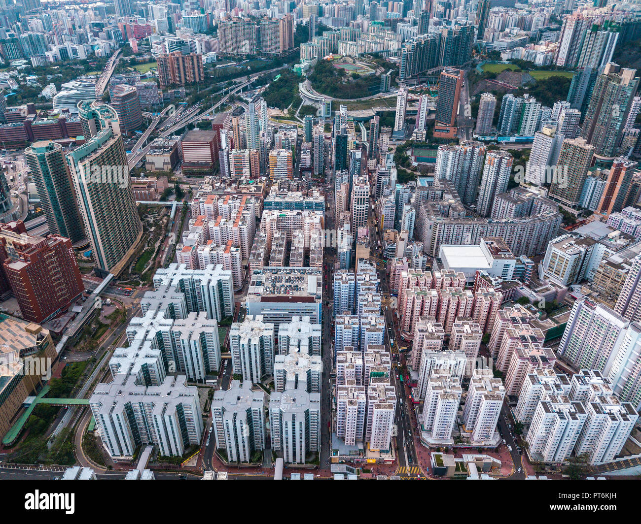 Top view aerial photo from flying drone of a HongKong Global City with  development buildings, transportation, energy power infrastructure.  Financial a Stock Photo - Alamy