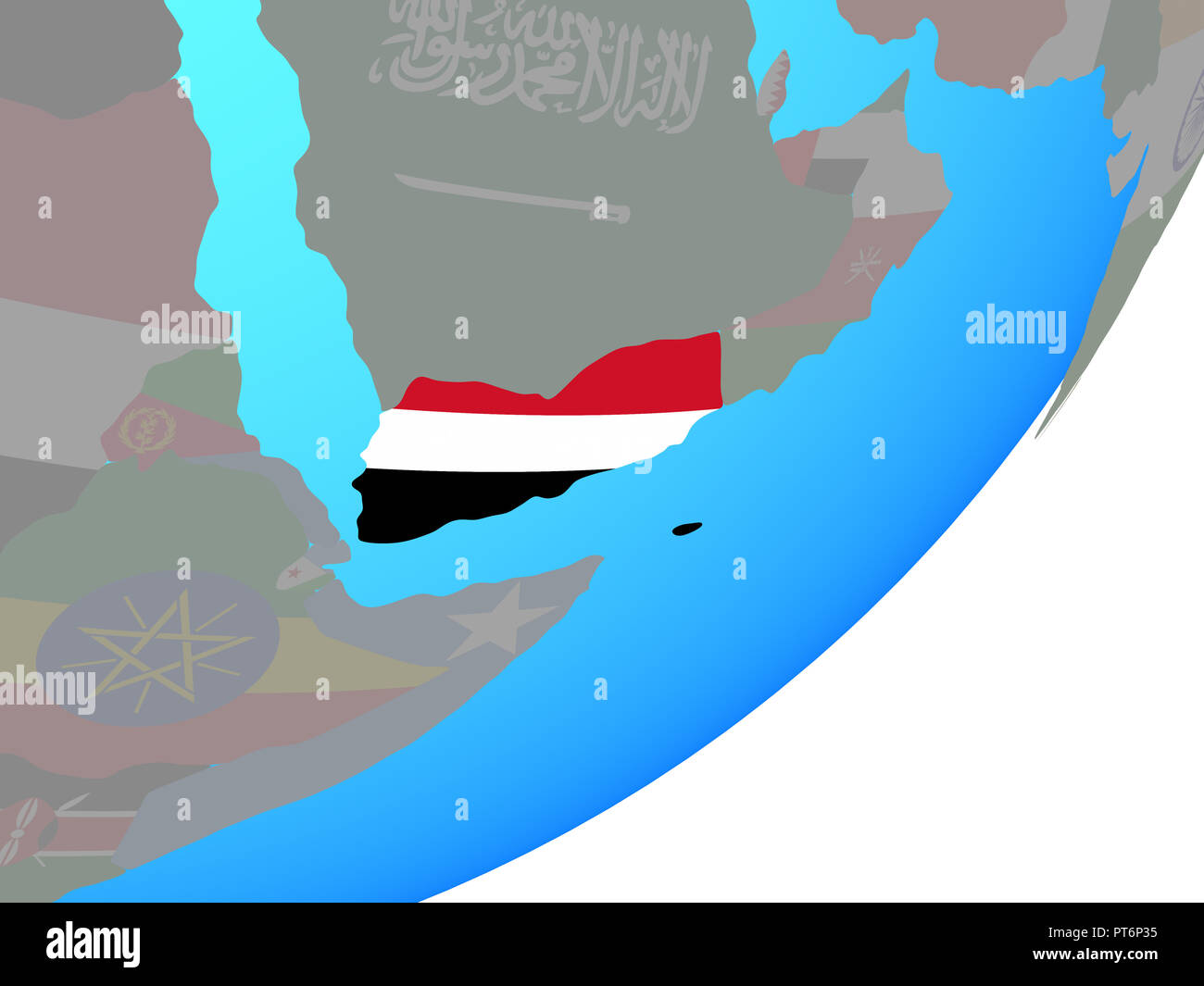 Yemen with embedded national flag on blue political globe. 3D ...