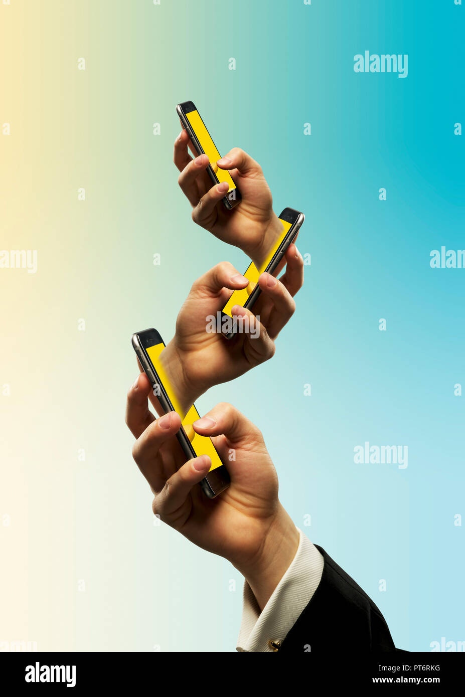 Concept Hands of a Man in a Suit Texting on a Smartphone, iPhone, Excessive Texting Stock Photo