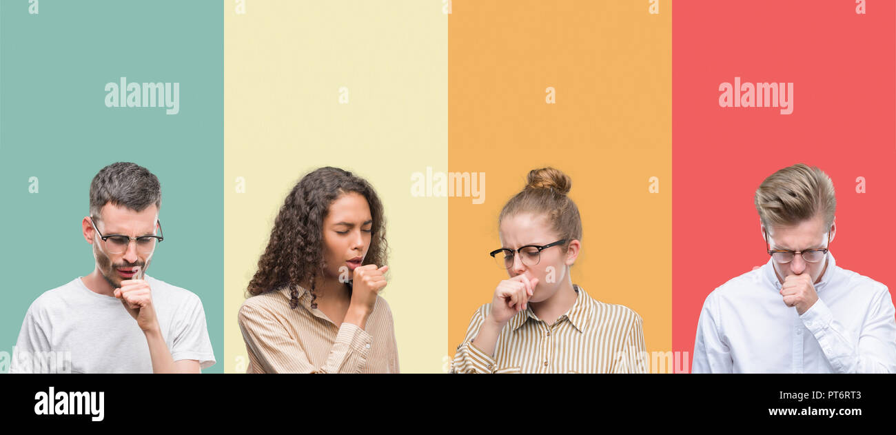 Collage of a group of people isolated over colorful background feeling ...