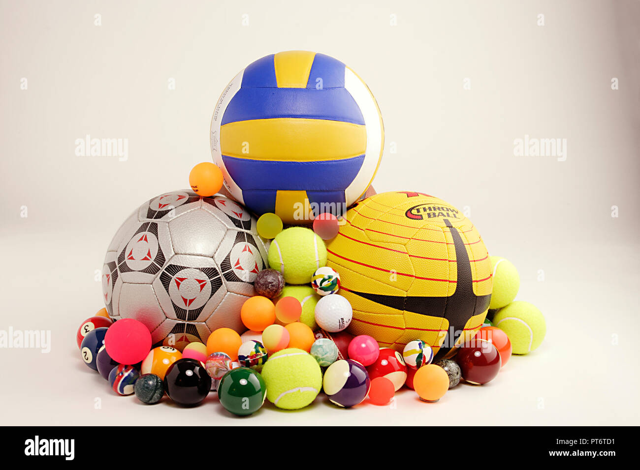 STILL LIFE OF ASSORTED BALLS OF VARIOUS SPORTS THROWBALL, VOLLEYBALL ...
