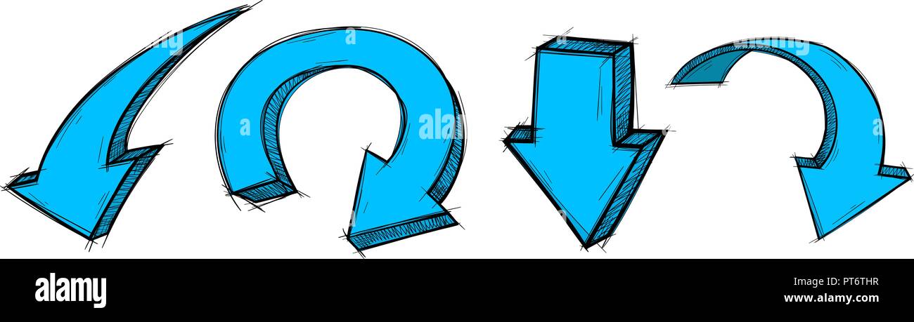 Blue arrows. Down signs. Colored hand drawn sketch Stock Vector