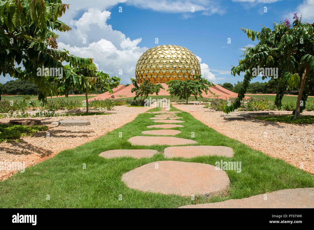 AUROVILLE, INDIA - September 2018: The Matrimandir Gardens and the Park of Unity Stock Photo