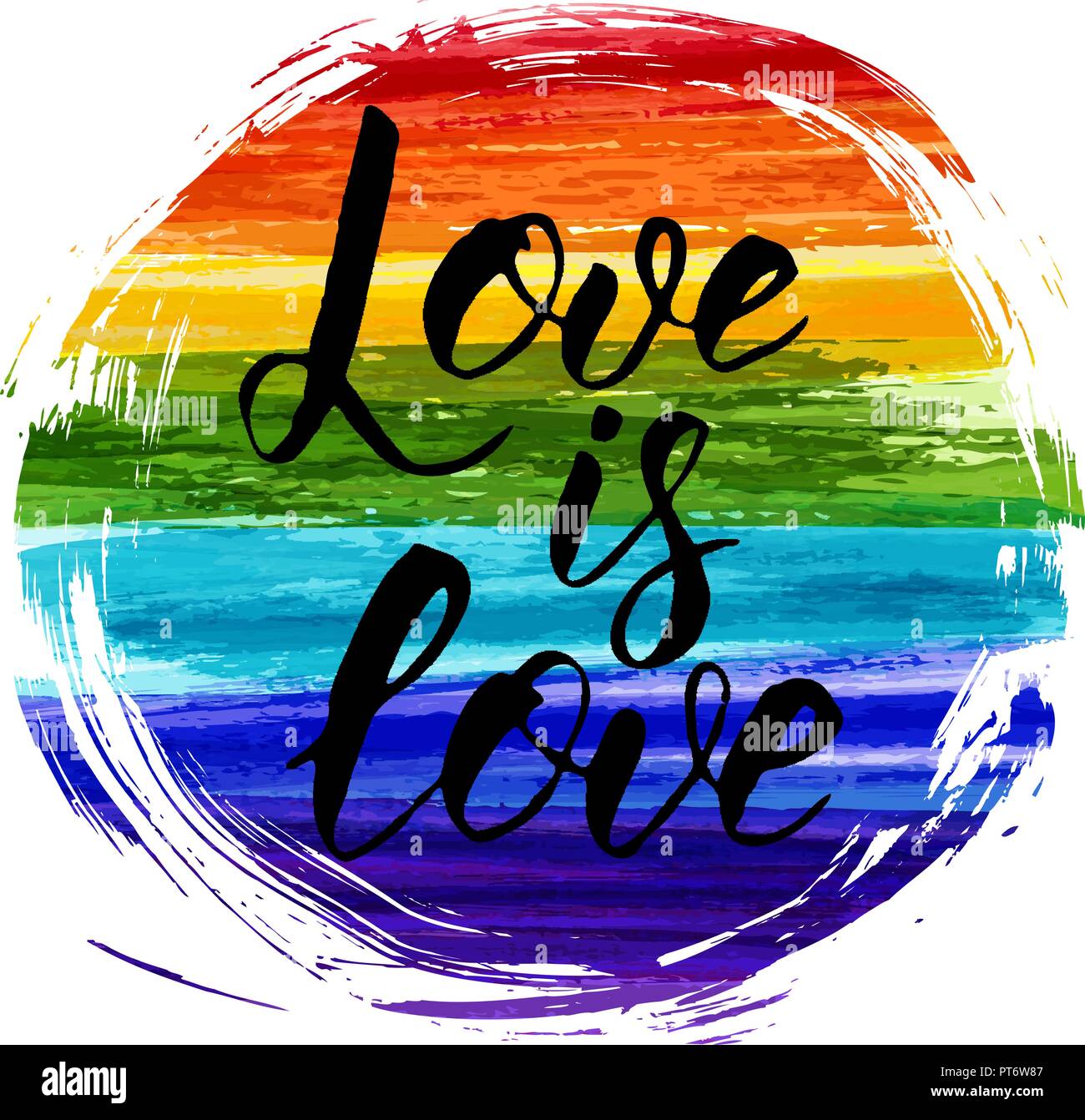 Love is love - handwritten modern calligraphy lettering. Grunge watercolor imitation lines in rainbow colors. Grunge round shape. Gay pride symbol. LG Stock Vector