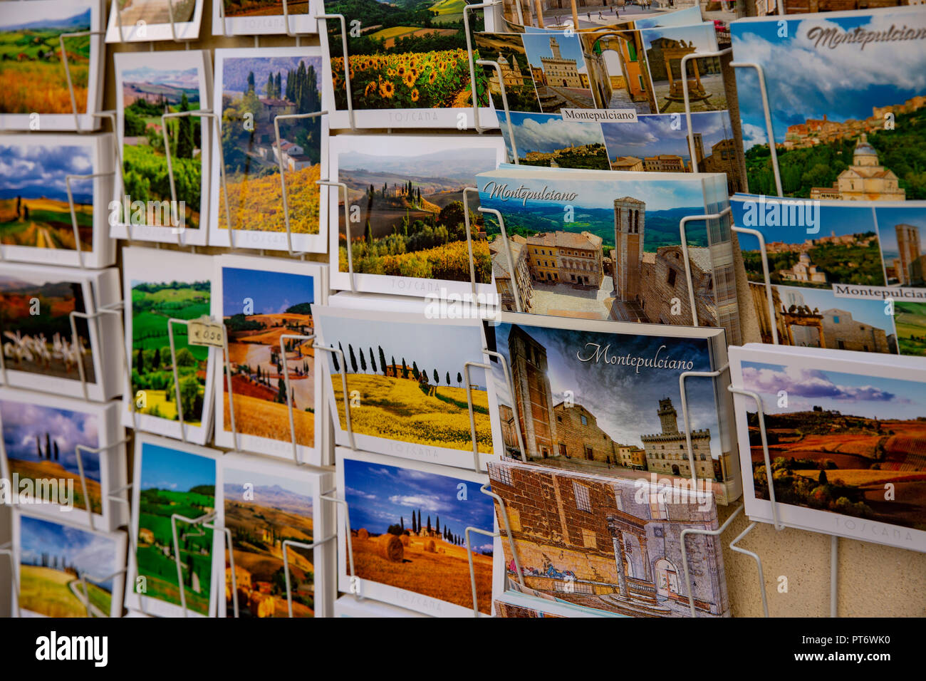 Postcards for sale at a small shop in the Tuscan hilltop town of Montepulciano,Tuscany,Italy Stock Photo