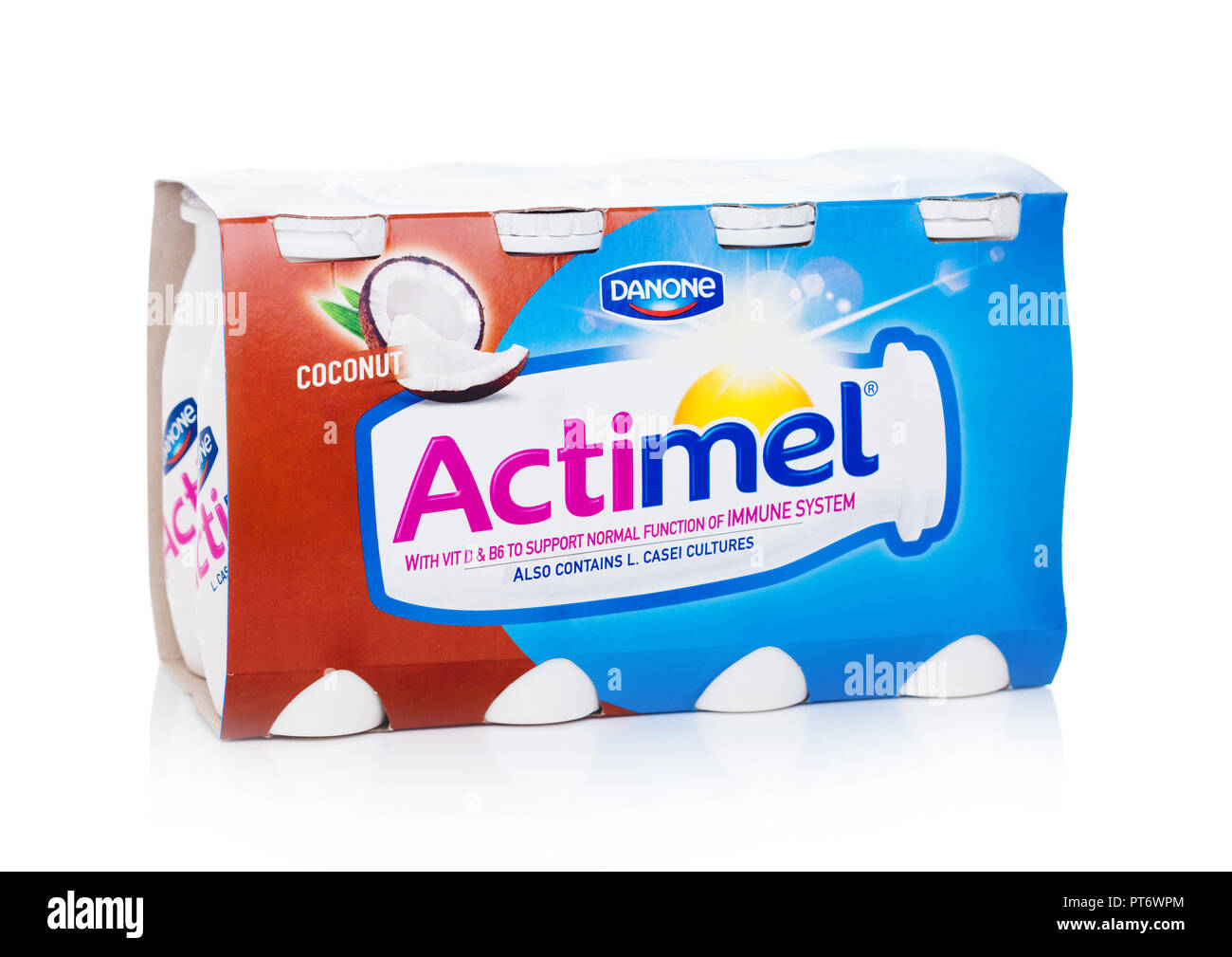 Riga Latvia - Feruary 5, 2018: Actimel is a `probiotic` Yogurt