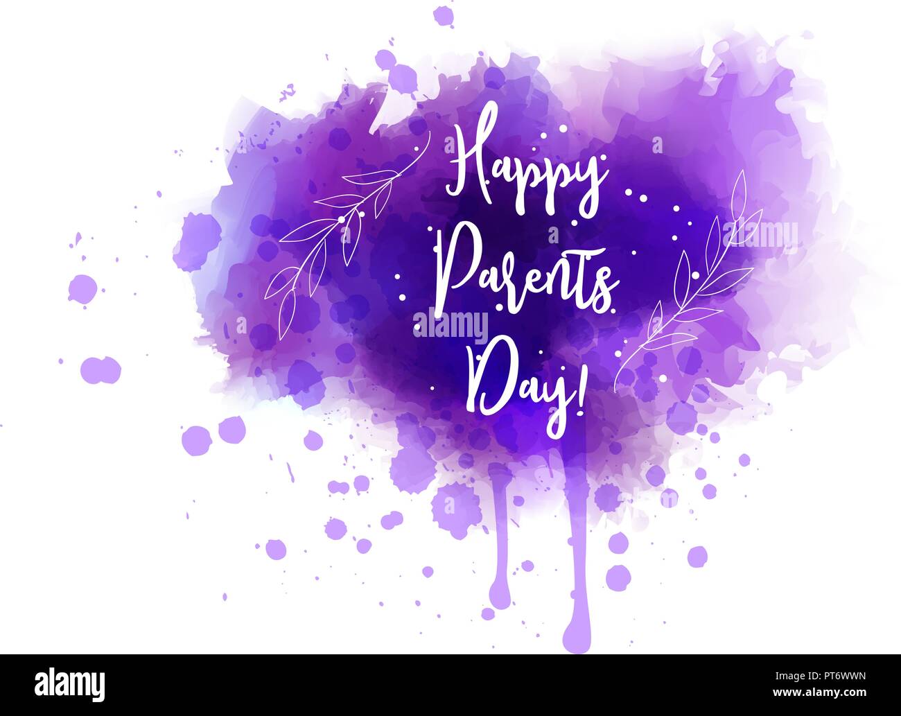 Happy Parents Day! Abstract grunge watercolor background. Holiday background. Purple colored with abstract leaves floral decorations. Stock Vector