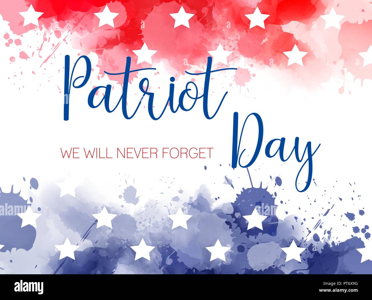 USA Patriot day background. We will never forget. Abstract grunge watercolor paint splashes in flag colors with text. Template for holiday banner, inv Stock Vector