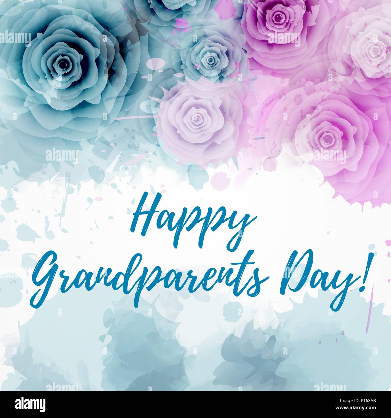 Happy Grandparents day! Abstract watercolor greeting card background with blue and purple roses. Stock Vector