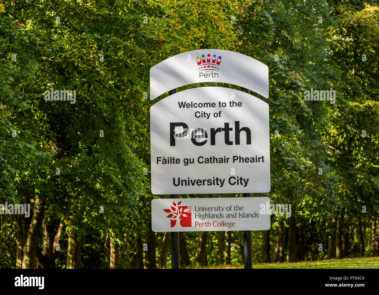 Sign saying Welcome to the City of Perth at the outskirt of the city of Perth in Scotland, UK, with gaelic translation Stock Photo