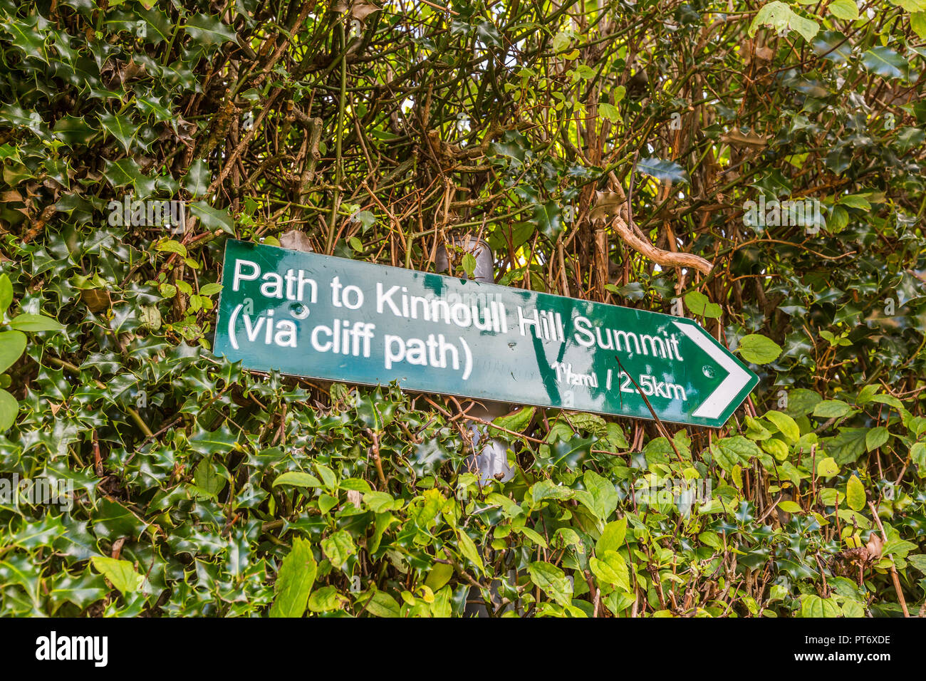 Sign to Kinnoull Hill summit in the city and surrounding area of Perth . Stock Photo