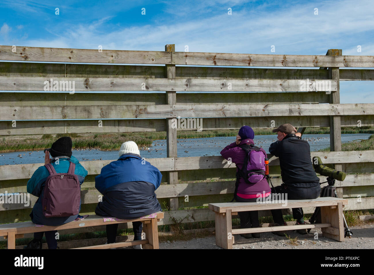 Birdwatchers overlooking Patsy's Reedbed at RSPB Nature reserve, Titchwell Marsh, Norfolk, UK. Stock Photo