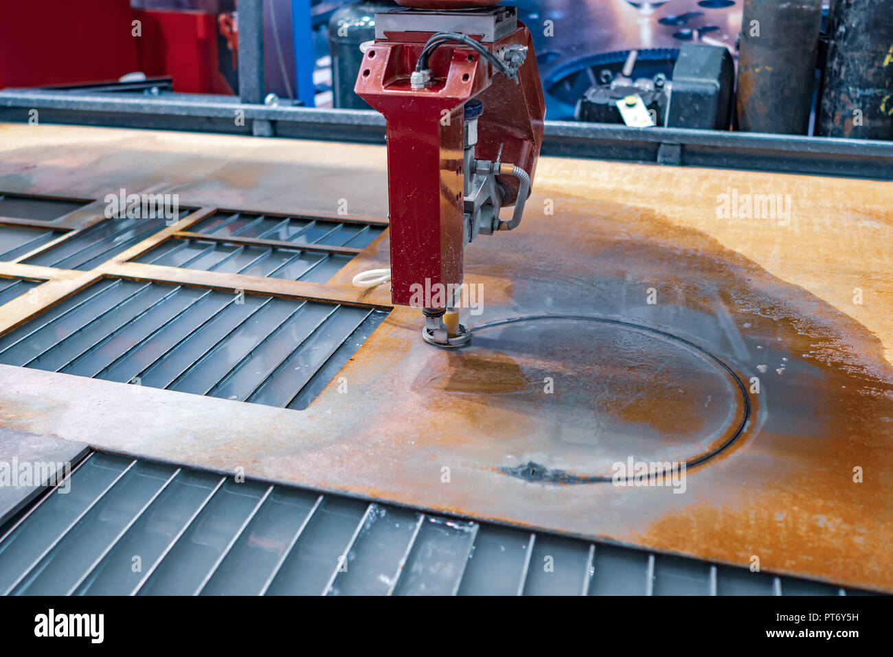 CNC water jet cutting machine modern industrial technology Stock Photo