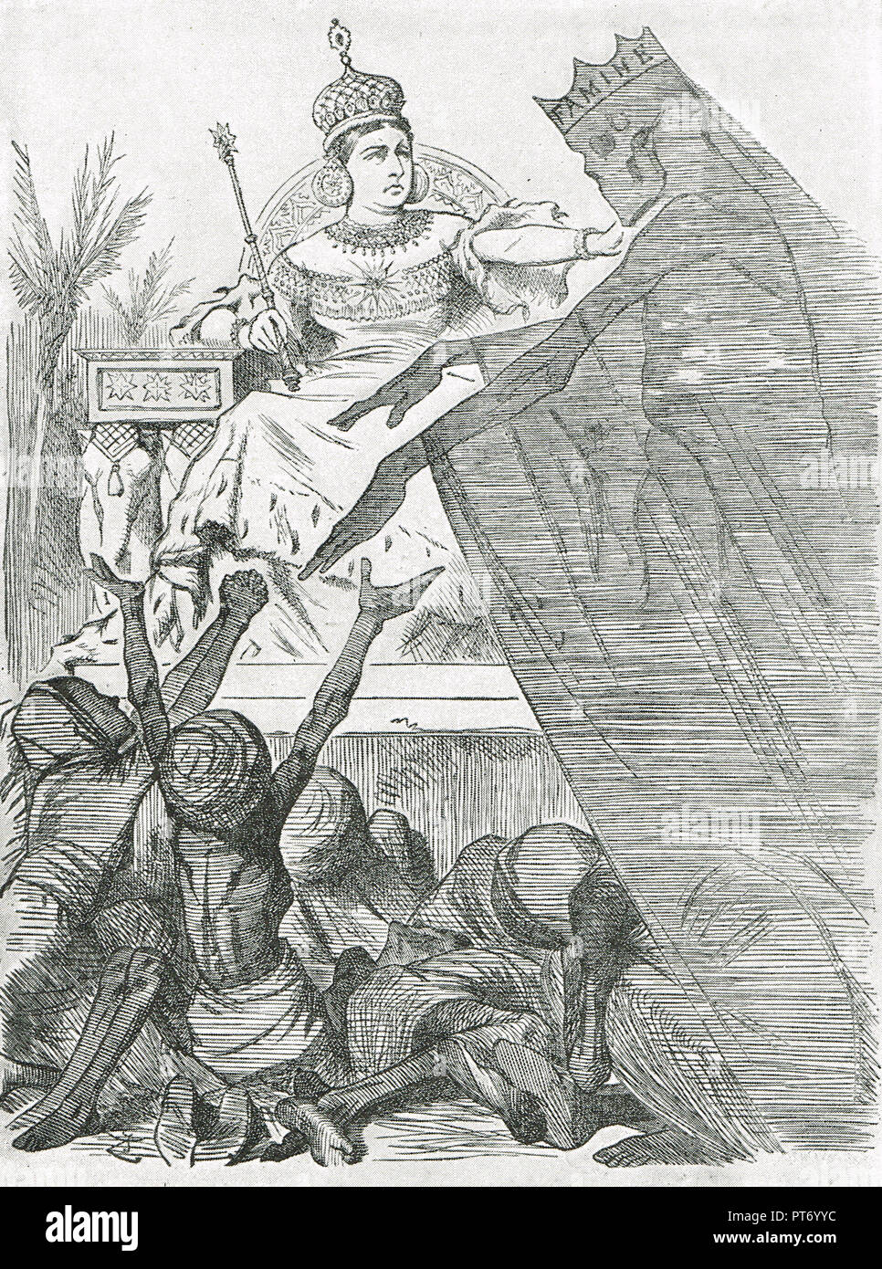 Punch cartoon by John Tenniel, entitled disputed empire.  A comment on the Indian Famine of 1876-78 in which some 5.5 million of her subjects died after she had assumed the title of Empress of India. Stock Photo