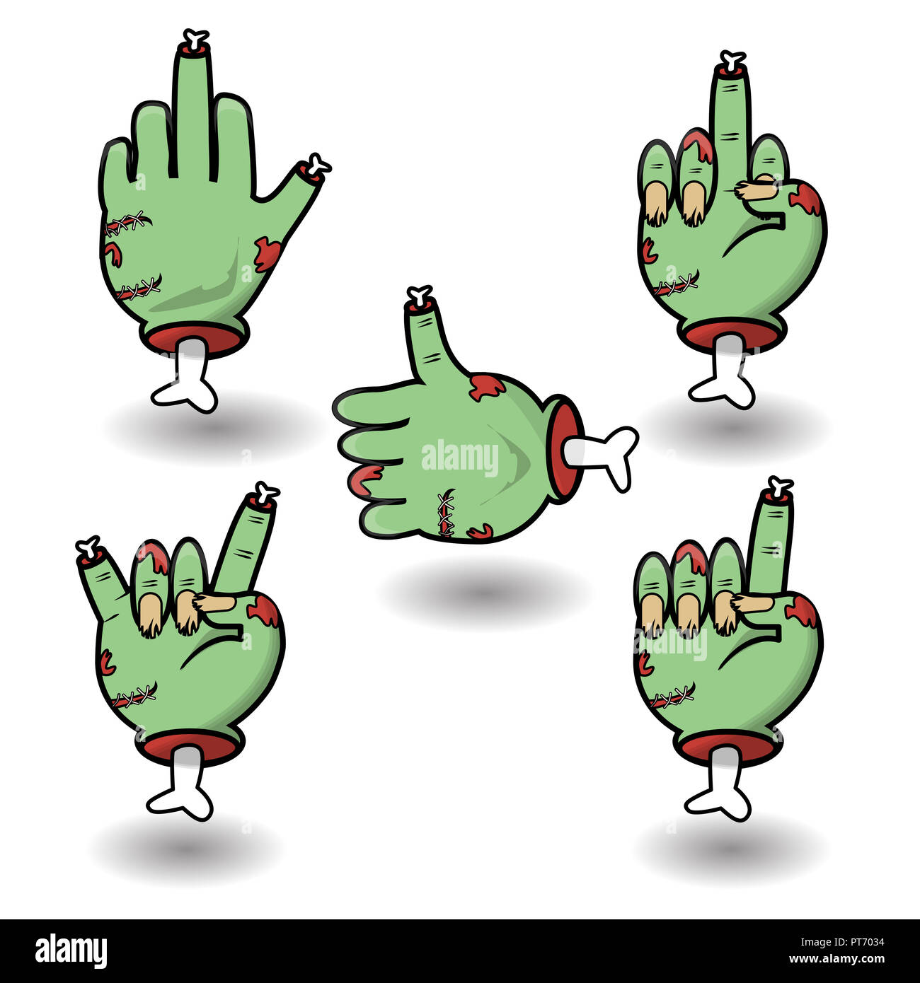 Severed zombie hand gesture set. Funny cartoon Halloween vector sticker pack. Collection of gestures dead zombie hands for the Halloween. Clip art ill Stock Photo