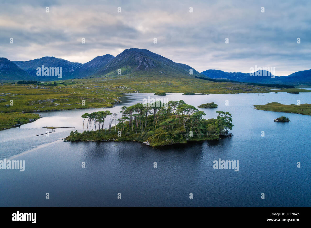 Aerial view of the Pine Trees Island in the Derryclare Lake Stock Photo