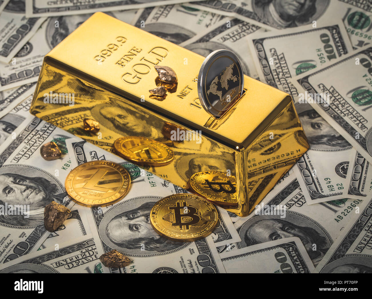 gold bar and cryptocurrency on the background of dollars Stock Photo - Alamy