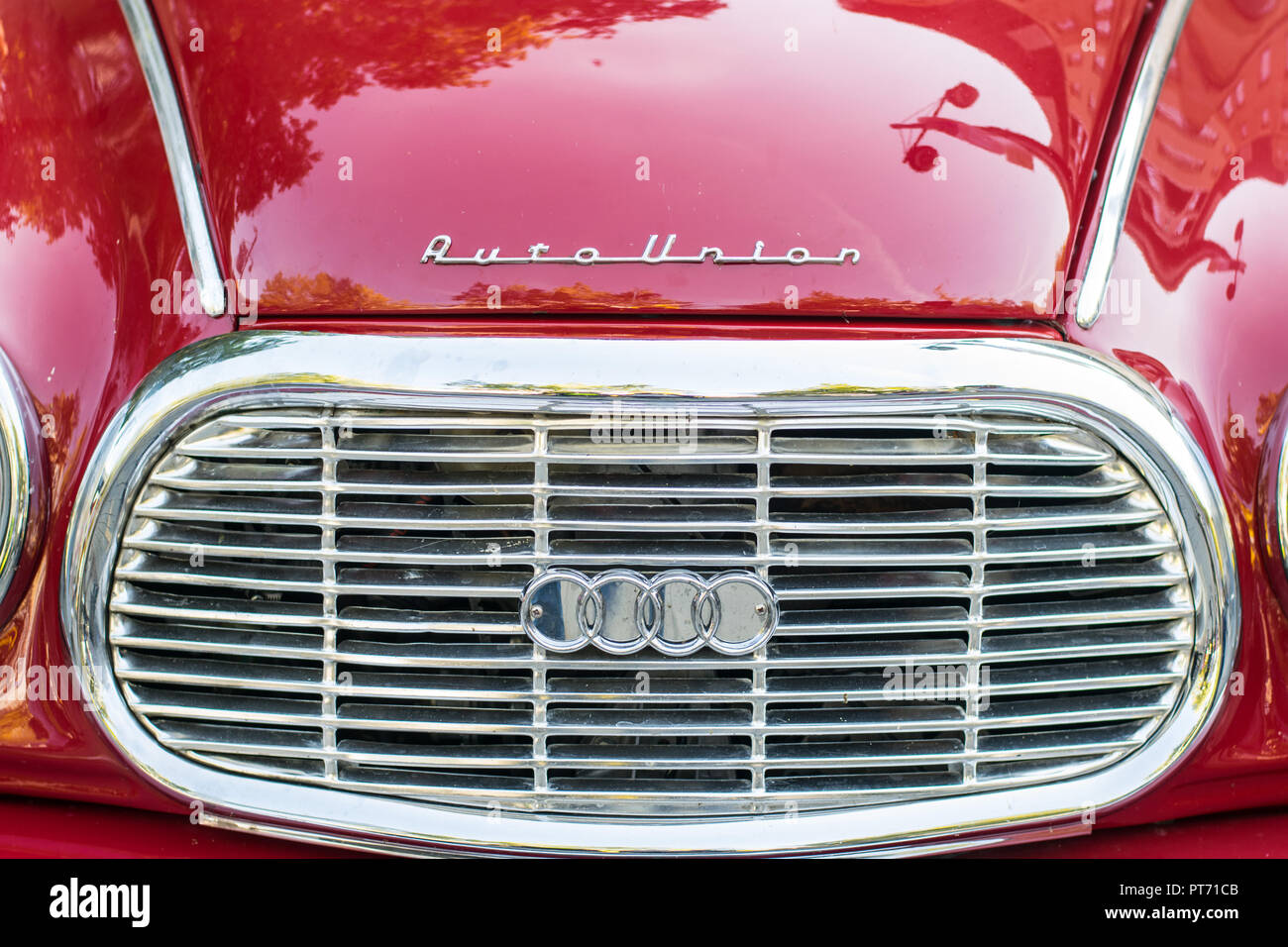 the front of the red AUDI 1000 oldtimer, 07.10.2018, Pforzheim, Germany Stock Photo