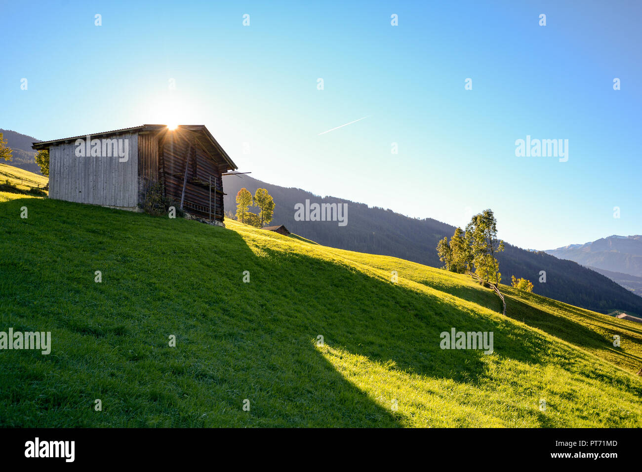 Alpine pasture hike to an old wooden barn with mountain meadow in the austrian alps, Zillertal Austria Stock Photo