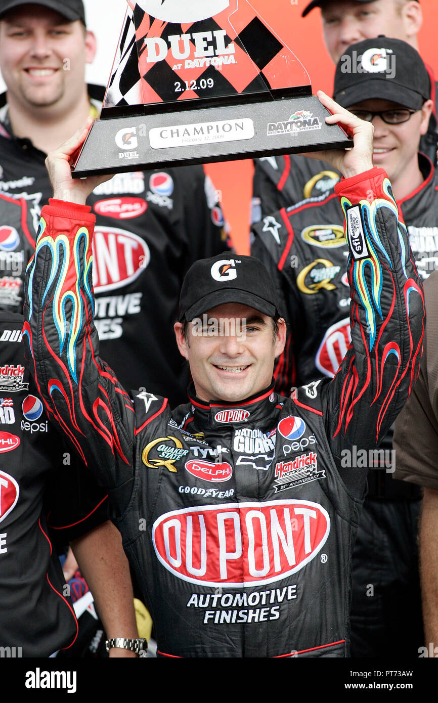 Jeff Gordon celebrates in victory lane after winning the NASCAR Gatorade  Duel#1 qualifying race for the Daytona 500 at Daytona International Speedway  in Daytona Beach, Florida on February 12, 2009 Stock Photo - Alamy, image size:866x1390