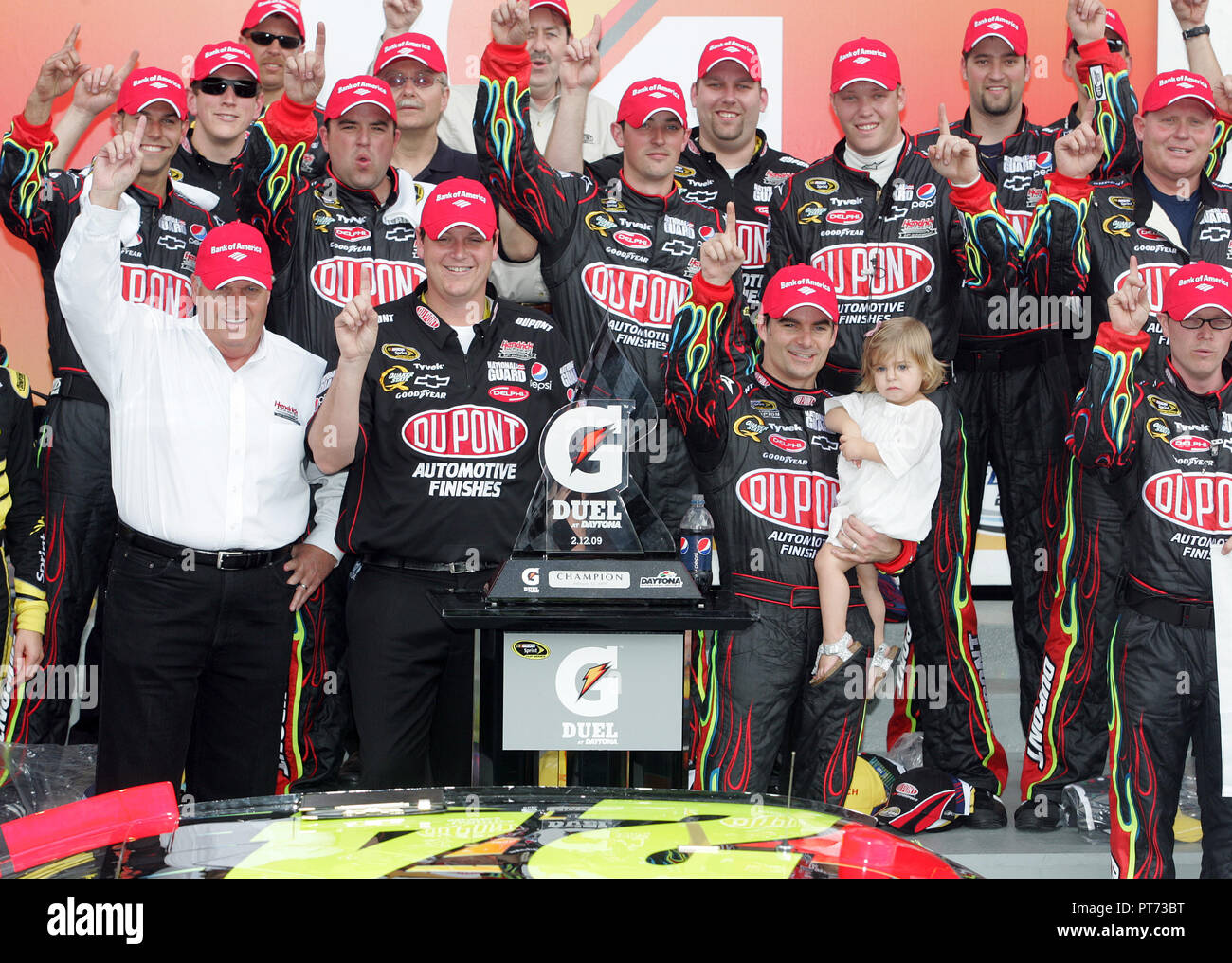 Jeff Gordon celebrates in victory lane after winning the NASCAR Gatorade  Duel#1 qualifying race for the Daytona 500 at Daytona International Speedway  in Daytona Beach, Florida on February 12, 2009 Stock Photo - Alamy, image size:1300x1016