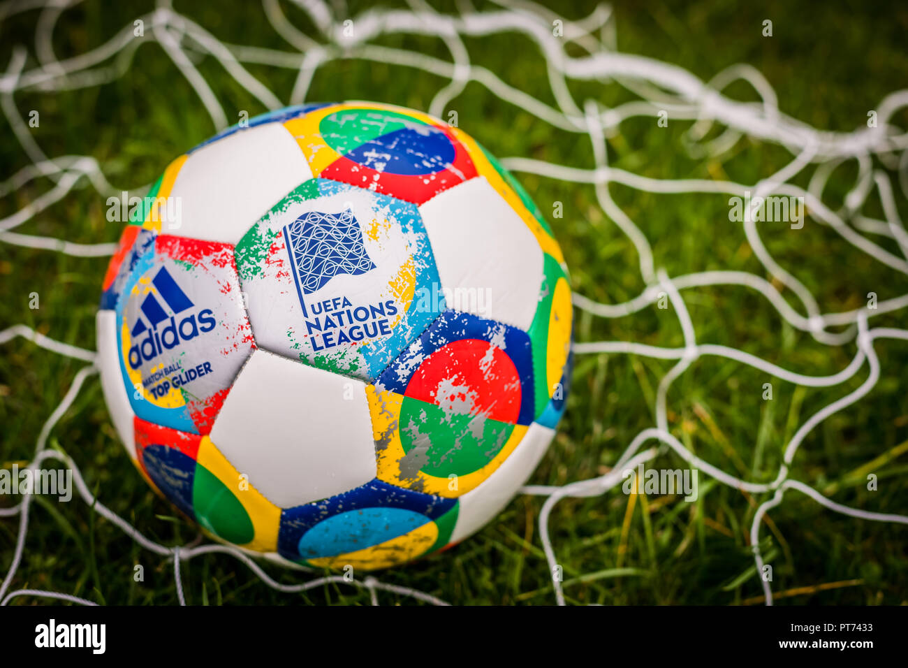 Moscow, Russia, October 7, 2018: Adidas UEFA Nations League, official match  ball Glider on the grass, toned Stock Photo - Alamy