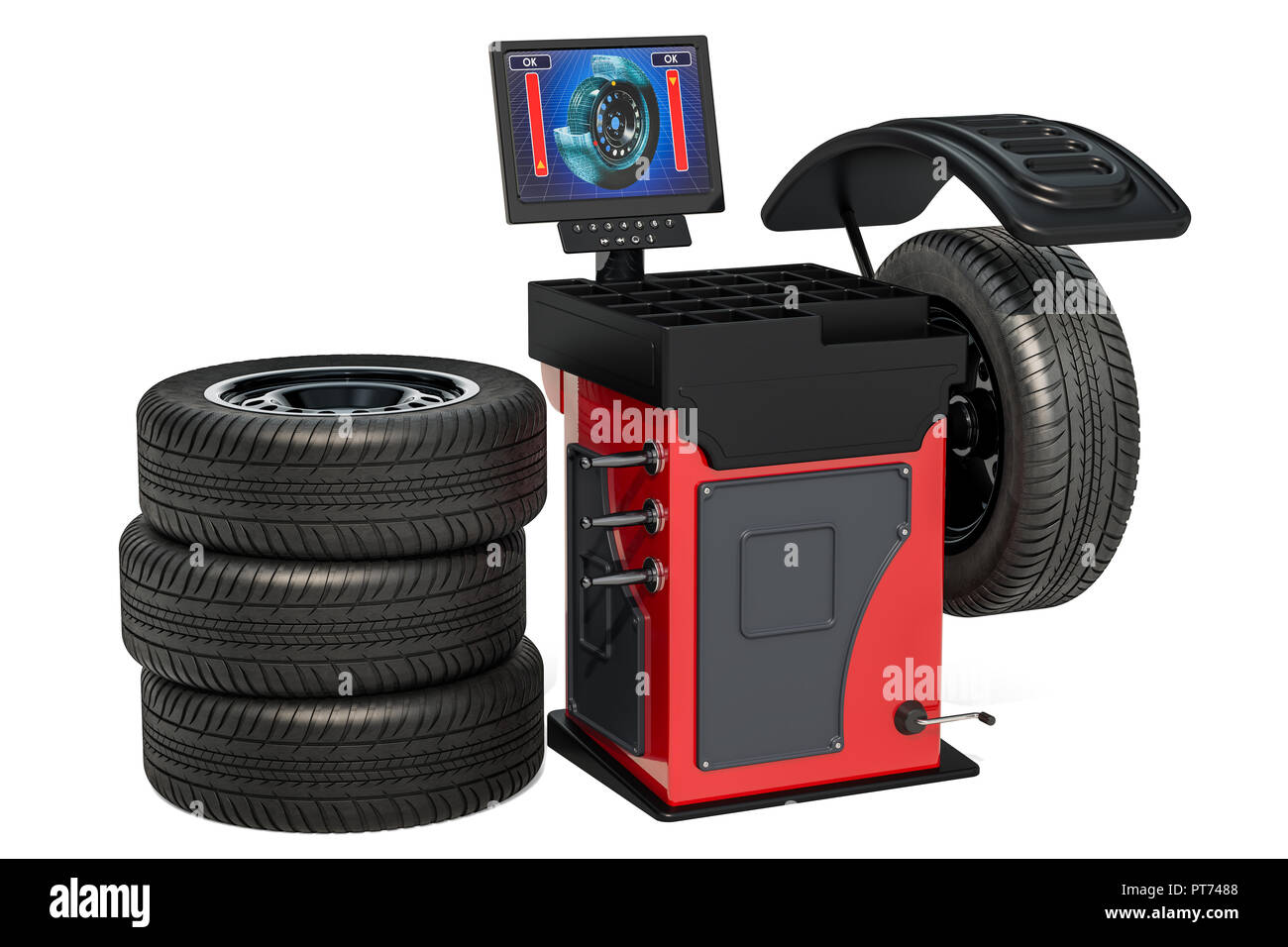Wheel Balancing Machine with car wheels, 3d rendering isolated on white