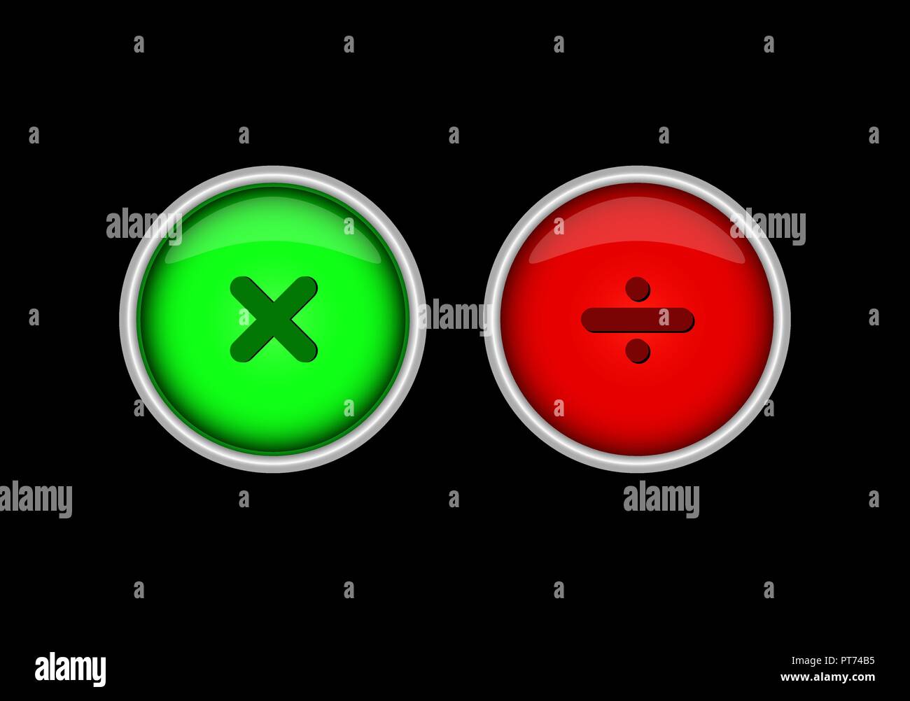 Green and red buttons with multiplication and division signs Stock Vector