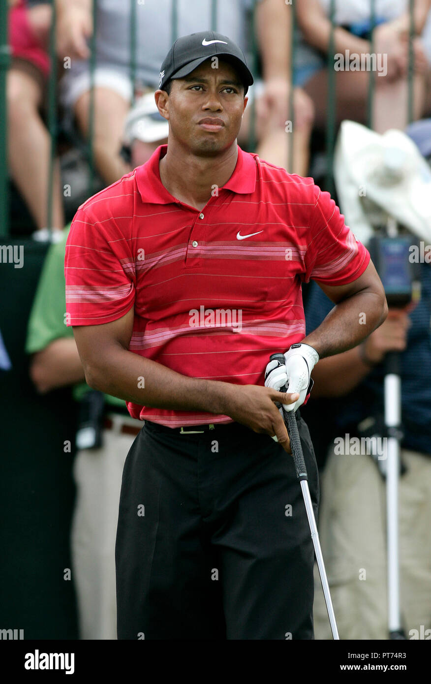 Tiger Woods tees off on the 1st hole during the final round of the World Golf Championships - CA Championship at Doral Resort and Spa in Doral, Florida on March 23, 2008. Woods is twelve under par after 11 holes of the suspended final round. Woods has won the past 5 PGA Tour events. Stock Photo