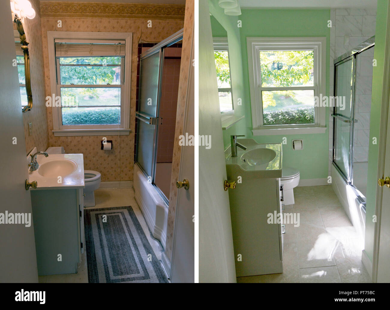 Bathroom renovation with ceramic sink and porcelain tiles showing the progression of renovation in before and after photos Stock Photo