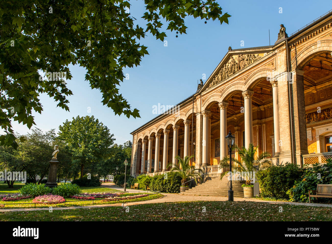 Baden-Baden, in the Black Forest, the Trinkhalle in the spa gardens, walkway with murals, Kaiser Wilhelm I. monument, Stock Photo