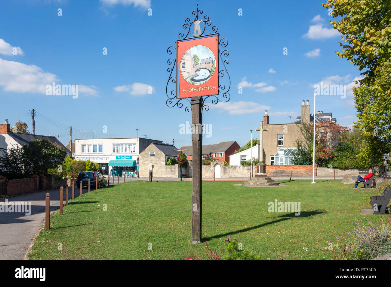 Town sign on The Green, High Street, Stonehouse, Gloucestershire, England, United Kingdom Stock Photo