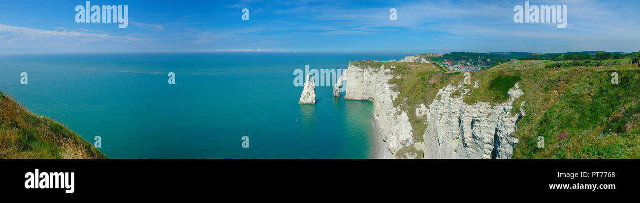Panoramic view of the cliffs and needle of Etretat in Normandy, France ...