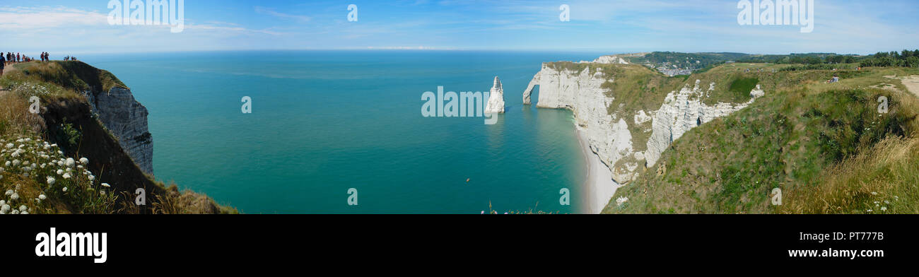 Panoramic view of the cliffs and needle of Etretat in Normandy, France ...