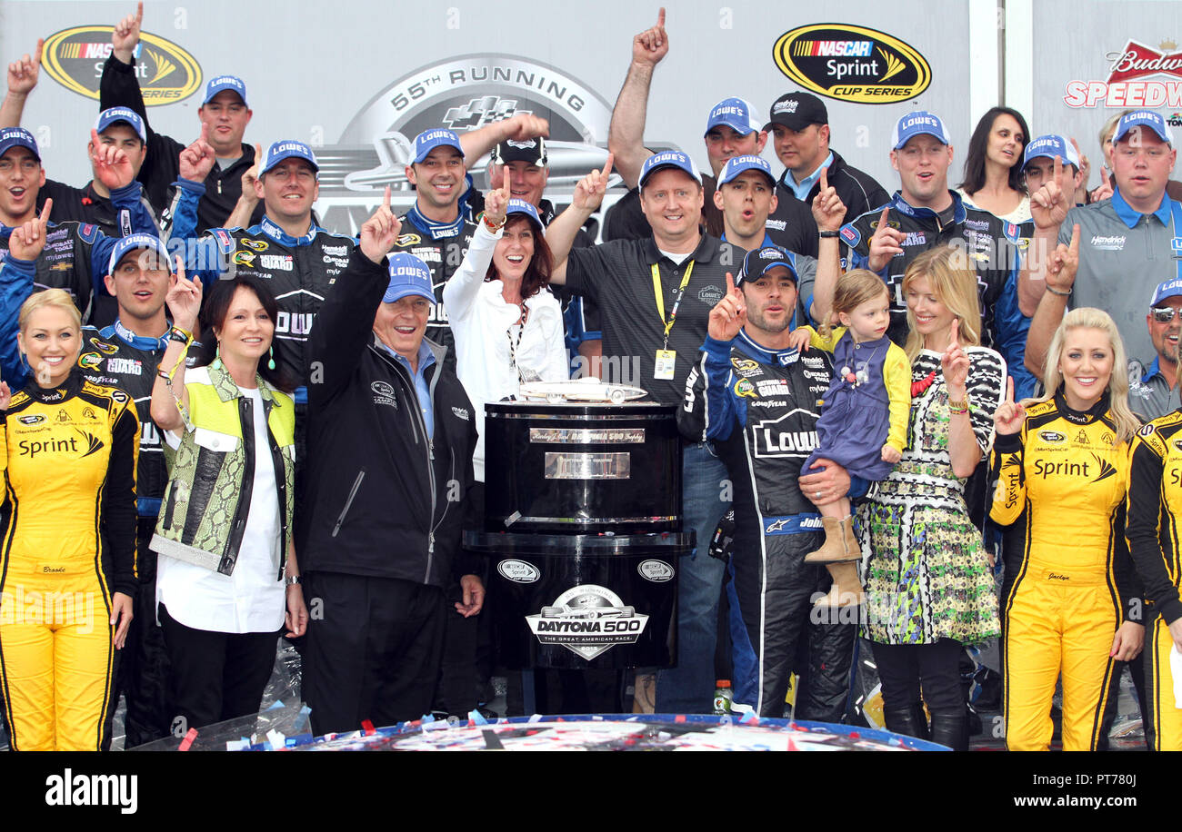 Jimmie Johnson celebrates winning the NASCAR Sprint Cup Series Daytona 500, at Daytona International Speedway in Daytona, Florida on February 24 2013. Stock Photo